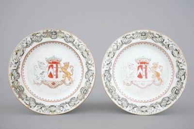 A pair of Chinese armorial export porcelain bianco sopra bianco and grisaille plates, Qianlong, 18th C.