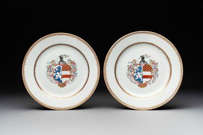 A pair of Chinese armorial plates with the arms of Giles impaling Despayne, Qianlong, ca. 1745