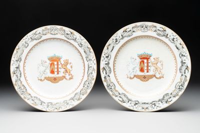 A pair of Chinese bianco sopra bianco armorial dishes with the arms of van Herzeele for the Dutch market, Qianlong, ca. 1740-1745