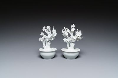 A pair of Chinese blanc de Chine models of trees in jardinières, Kangxi