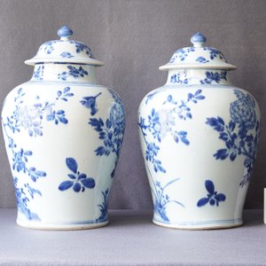 A pair of Chinese blue and white baluster vases and covers with birds in a rocky landscape, Kangxi — photo 18