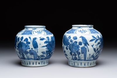 A pair of Chinese blue and white 'birds among blossoming branches' jars, Wanli