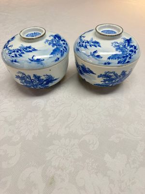 A pair of Chinese blue and white 'Bleu de Hue' covered bowls with landscape design, Phong Vu Quy Chu 風雨歸舟 marks, 19th C. — photo 1