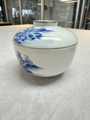 A pair of Chinese blue and white 'Bleu de Hue' covered bowls with landscape design, Phong Vu Quy Chu 風雨歸舟 marks, 19th C. — photo 27