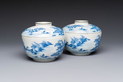 A pair of Chinese blue and white 'Bleu de Hue' covered bowls with landscape design, Phong Vu Quy Chu 風雨歸舟 marks, 19th C.