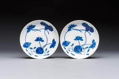 A pair of Chinese blue and white 'Bleu de Hue' plates with lotus design, Phi Khanh An Duong 慶恩堂費 mark, 19th C.