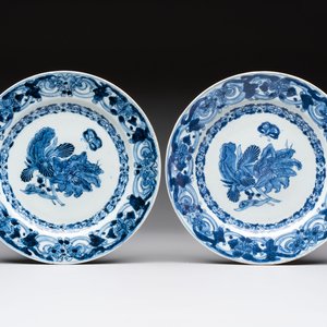 A pair of Chinese blue and white 'botanical' dishes after Maria Sybilla Merian, Qianlong — photo 1