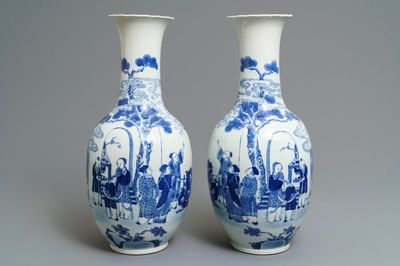 A pair of Chinese blue and white bottle vases, Kangxi mark, 19th C.