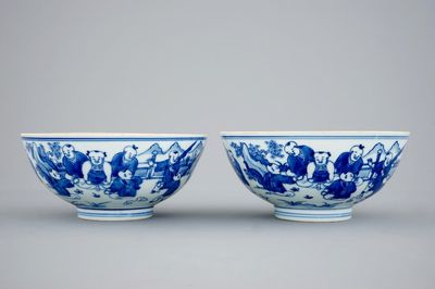 A pair of Chinese blue and white "Boys" bowls, Kangxi