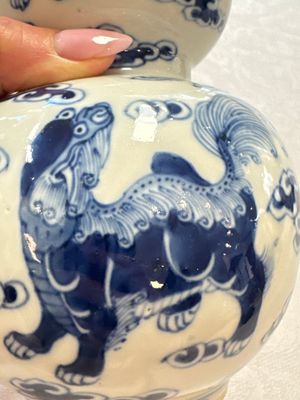 A pair of Chinese blue and white 'Buddhist Lions' triple gourd vases on reticulated wooden stands, 19th C. — photo 32