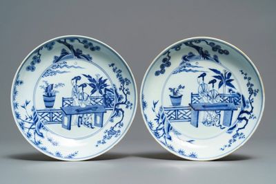 A pair of Chinese blue and white 'Cao sisters' plates, Chenghua mark, Yongzheng