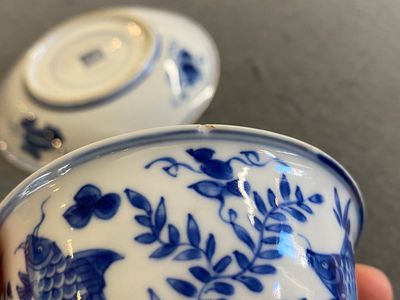 A pair of Chinese blue and white 'carps' cups and saucers, Kangxi — photo 11