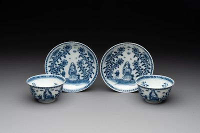 A pair of Chinese blue and white 'Catholic subject' cups and saucers with Madonna and child, Kangxi
