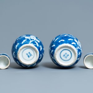 A pair of Chinese blue and white covered bowls on stands and a pair of covered jars, 19th C. — photo 7