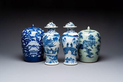 A pair of Chinese blue and white covered vases and two covered jars, Kangxi mark, 19th C