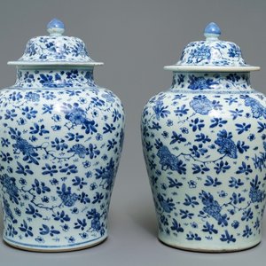 A pair of Chinese blue and white covered vases with floral design, Kangxi — 照片 1