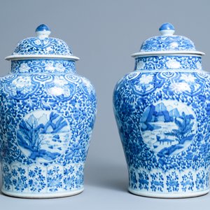 A pair of Chinese blue and white covered vases with landscape medallions on a floral ground, Kangxi — photo 4