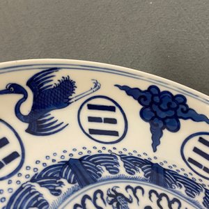 A pair of Chinese blue and white 'cranes, bagua and dragon' plates, Guangxu mark and of the period — 照片 14