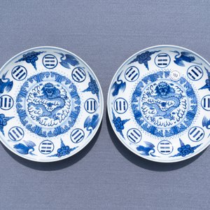 A pair of Chinese blue and white 'cranes, bagua and dragon' plates, Guangxu mark and of the period — 照片 30