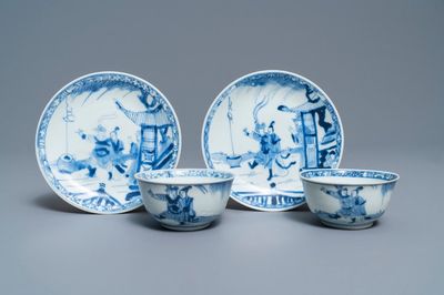A pair of Chinese blue and white cups and saucers with figures, Ca Mau wreck, Yongzheng