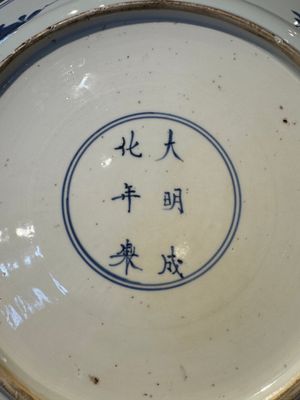 A pair of Chinese blue and white dishes with floral design, Chenghua mark, Kangxi — photo 13