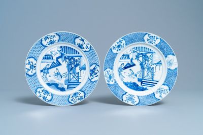 A pair of Chinese blue and white dishes with ladies on a terrace, Chenghua mark, Kangxi