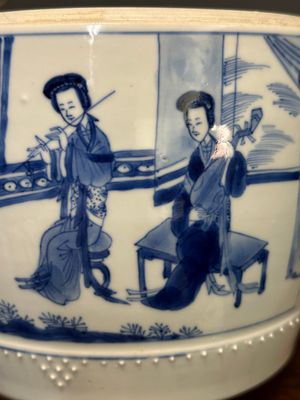 A pair of Chinese blue and white drum-shaped jars and cover, Jiajing mark, Kangxi — 照片 26
