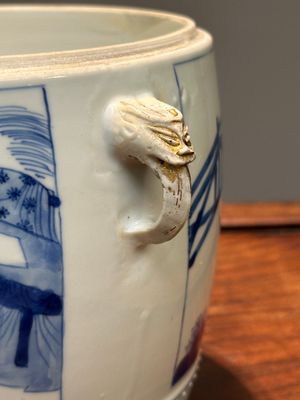 A pair of Chinese blue and white drum-shaped jars and cover, Jiajing mark, Kangxi — 照片 28