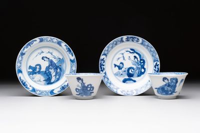 A pair of Chinese blue and white 'Elegant Beauty and Boy' cups and saucers, Chenghua mark, Kangxi