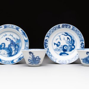 A pair of Chinese blue and white 'Elegant Beauty and Boy' cups and saucers, Chenghua mark, Kangxi — photo 1