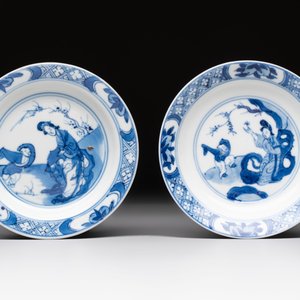 A pair of Chinese blue and white 'Elegant Beauty and Boy' cups and saucers, Chenghua mark, Kangxi — photo 2