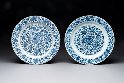 A pair of Chinese blue and white 'floral' dishes, Chenghua mark, Kangxi