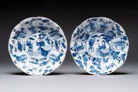 A pair of Chinese blue and white flower-shaped 'Long Eliza' plates, Kangxi
