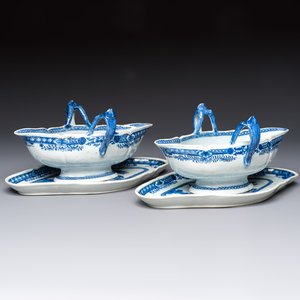 A pair of Chinese blue and white handled sauce boats and stands with pagodas along a river, Qianlong — photo 1