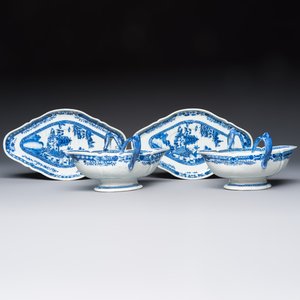 A pair of Chinese blue and white handled sauce boats and stands with pagodas along a river, Qianlong — photo 2