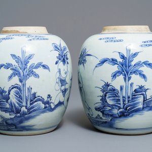 A pair of Chinese blue and white jars with boys in a garden, Kangxi — 照片 4