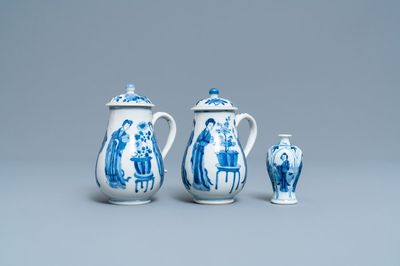 A pair of Chinese blue and white 'Long Eliza' jugs and covers and a miniature vase, Kangxi