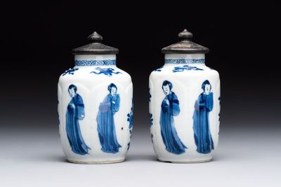 A pair of Chinese blue and white 'Long Eliza' miniature vases and wooden covers, Kangxi