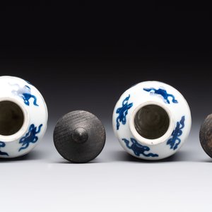 A pair of Chinese blue and white 'Long Eliza' miniature vases and wooden covers, Kangxi — photo 5