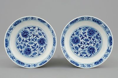 A pair of Chinese blue and white "Lotus" dishes, Guangxu mark and of the period