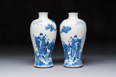 A pair of Chinese blue and white 'Meiping' vases with figures and a poem, signed Xu Banqiu 徐半秋, Kangxi mark, 19th C.