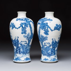 A pair of Chinese blue and white 'Meiping' vases with figures and a poem, signed Xu Banqiu 徐半秋, Kangxi mark, 19th C. — foto 4