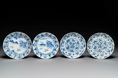 A pair of Chinese blue and white 'Mongolian hunting scene' plates and a pair of plates with floral design, Chenghua and Kangxi mark, Kangxi