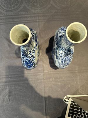 A pair of Chinese blue and white moonflasks or 'bianhu', Kangxi mark, 19th C. — 照片 5