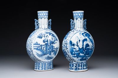 A pair of Chinese blue and white moonflasks or 'bianhu', Kangxi mark, 19th C.