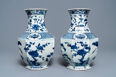 A pair of Chinese blue and white octagonal 'Three friends of winter' vases, 19th C.