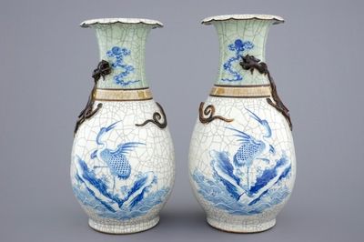 A pair of Chinese blue and white on crackle and celadon ground vases, 19th C.