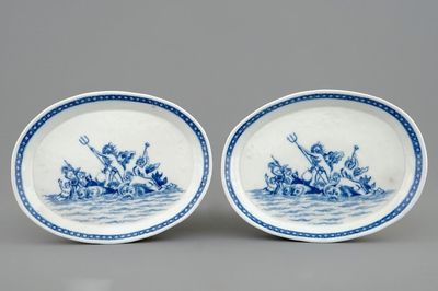 A pair of Chinese blue and white oval dishes with "Neptune" design, Qianlong, 1750-1770
