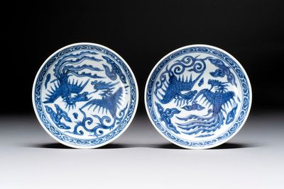A pair of Chinese blue and white 'phoenix' plates, Wanli mark and of the period