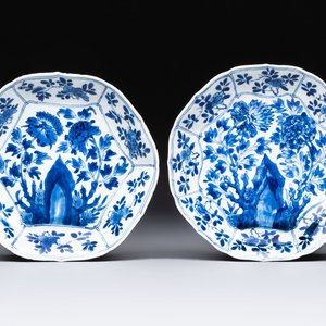A pair of Chinese blue and white plates with floral design, Ding 鼎 mark, Kangxi — foto 1